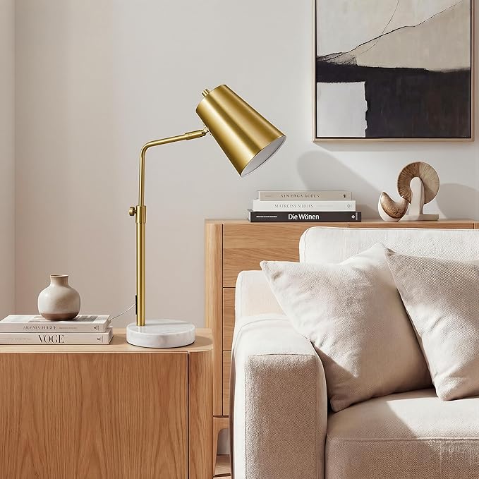 VONLUCE Gold Desk Lamp with LED Bulb Adjustable, Antique Brass Metal Table Lamp Marble Base, Mid Century Modern Reading Lamp Office, 20’’ Industrial Task Lamp Work Lamp for Reading Bedroom