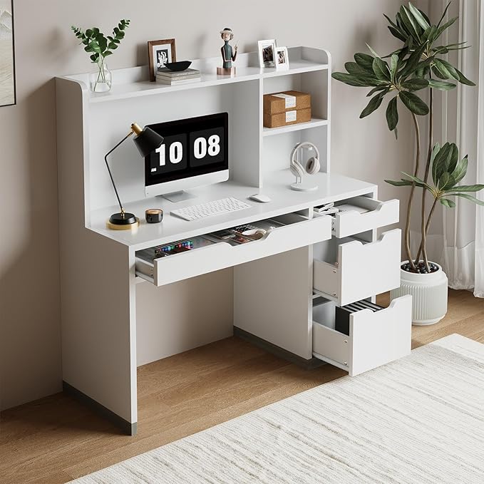 White Desk with Hutch, 53 Inch Computer Desk with Storage File Drawer, White Study Desk with 4 Drawers for Bedroom, Small Space