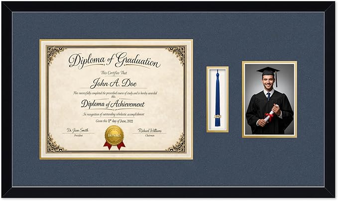 Diploma Tassel and Photo Frame Matte Black Shadowbox Navy Blue Over Gold Mat - Fits 14 x 11 Degree Picture Made in the USA