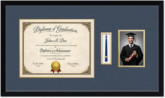 Diploma Tassel and Photo Frame Matte Black Shadowbox Navy Blue Over Gold Mat - Fits 14 x 11 Degree Picture Made in the USA