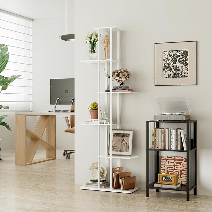 6 Tier Corner Bookshelf，Slim Open Bookshelf，Small Book Shelf for Small Spaces，Living Room, Home Office, 9.45 x 20.8 x 62.2 Inches,（1PC+White