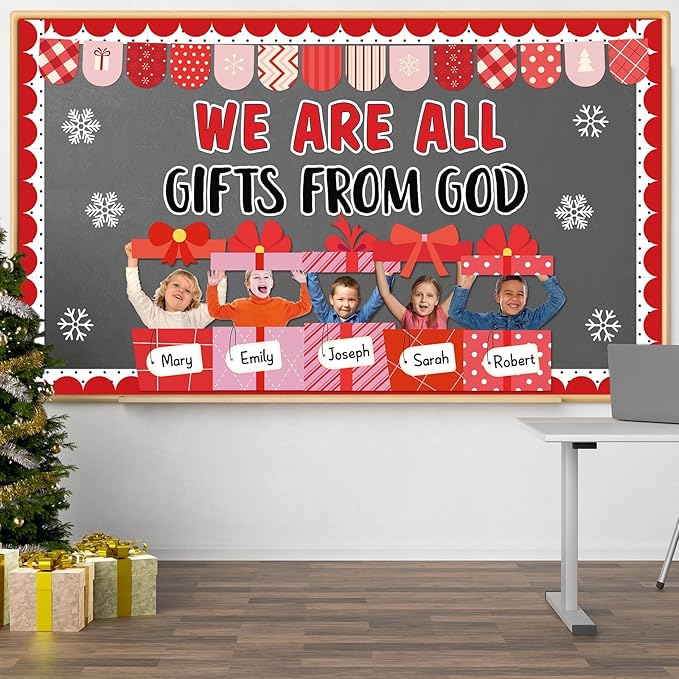 Christmas Bulletin Board Decoration Set Christmas WE are All Gifts from God Classroom Bulletin Board Decor DIY Photo Religious Christian Xmas Gift Boxes Name Labels Cutouts for School Chalkboard Wall