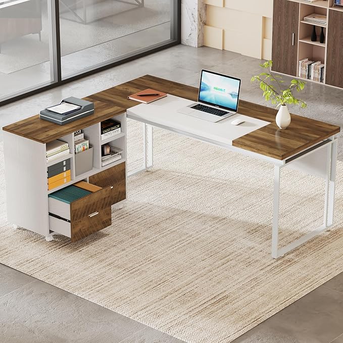 Tribesigns L-Shaped Executive Desk with Reversible File Cabinet, 63" Office Desk with Storage Drawers, Computer Desk Set (Oak Karo & White)
