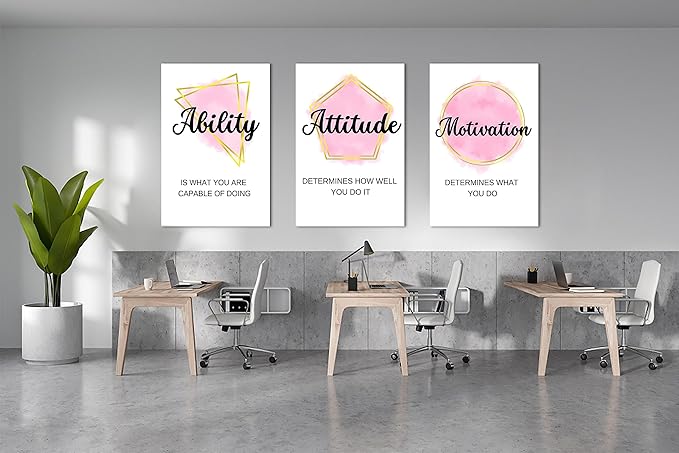 Canvas Wall Art, Motivational Quotes Pink Geometric Figures - 3 Pcs, 24"x36" Framed Artwork for Home Office Decor