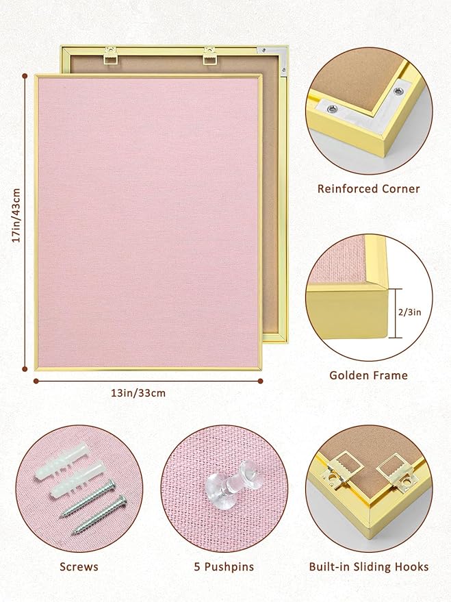 Bulletin Board with Golden Aluminum Frame, Pink Fabric Cork Board for Walls, 17 x 13 inches Pin Board with Push Pins for Office Home(G-AL,PK,4333)