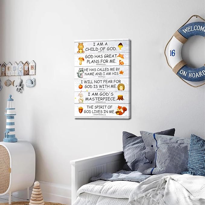 Scripture Canvas Wall Art for Kids Room – Christian I Am a Child of God Bible Verse Wall Decor, Framed Religious Picture Art Prints for Nursery, Classroom, Bedroom 12x16in