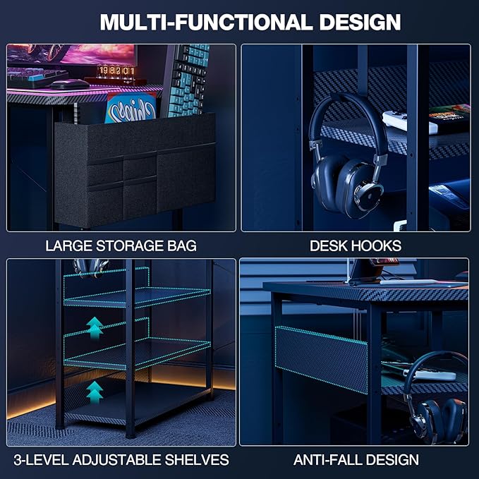 L Shaped Gaming Desk 55 Inch - Computer Corner Desk with Power Outlets, Reversible Shelves & Storage Bag for Home Office, PC Gaming Table, Black Carbon