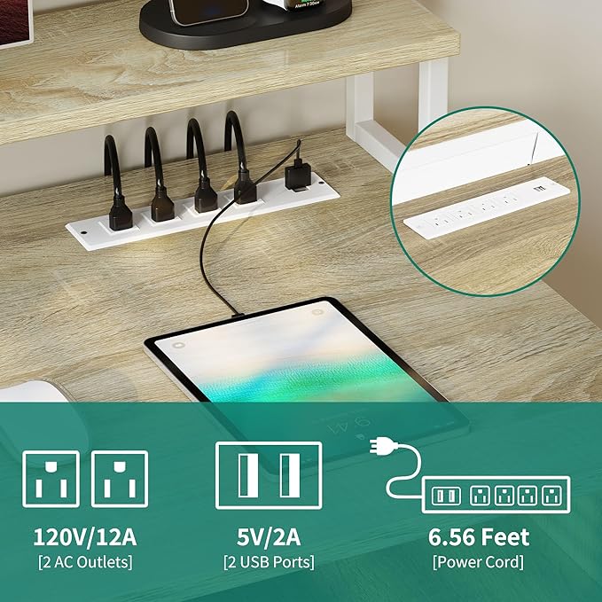 YITAHOME Computer Desk with Drawers, 55" Office Desk with Power Outlets & LED Light, Home Office Desk with Storage Shelves, White & Oak