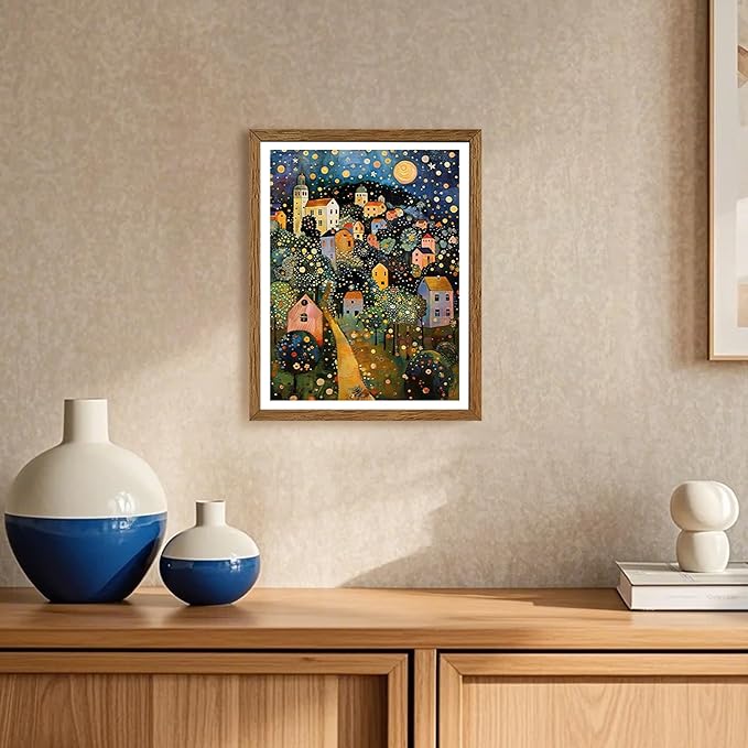 AVECCO Framed Colorful House Village Night Canvas Wall Art, Gustav Klimt Style Moon Stars Tree Wall Decor, Vibrant Starry Landscape Prints for Bathroom Living Room Bedroom Dining Room Office 8x10 in