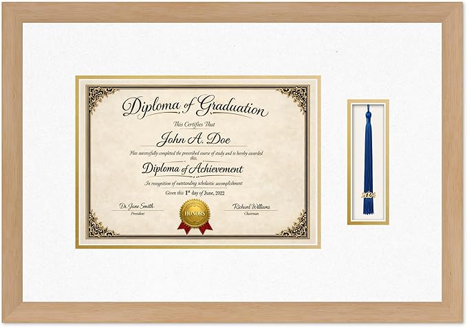 Diploma Frame with Tassel Holder Natural Wood Shadowbox Oyster Shell Over Gold Mat - Fits 11.69 x 8.27 Degree Made in the USA