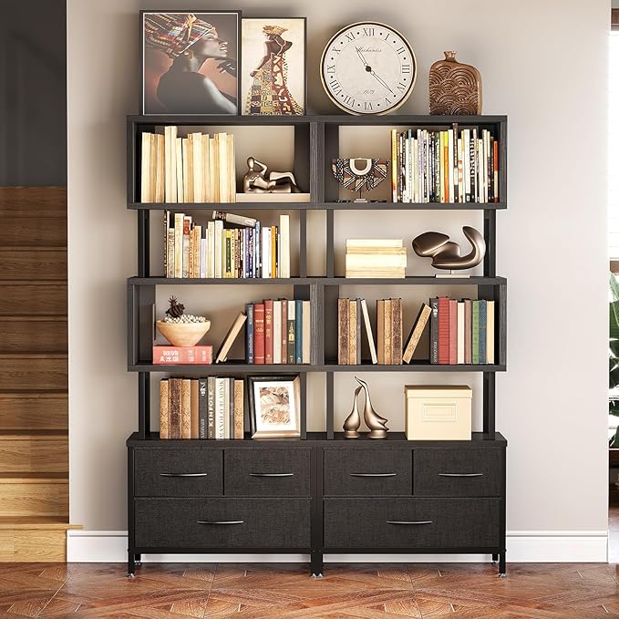 Casaottima 7 Tier Bookshelf, Tall Geometric Bookcase with Fabric Drawers, Modern Display Book Shelves Book Case for Living Room Bedroom, Wood Decorative Standing Shelving Unit for Home Office, Black
