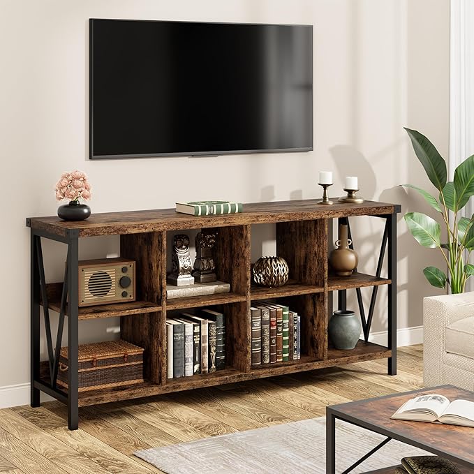 CABIHOME 62 Inch 8-Cube Storage Organizer Bookshelf, 3-Tier Metal Horizontal Bookcase, Industrial Console Bookshelf for Living Room, Entryway, or Office, Long Low Storage Shelf-Retro Brown.