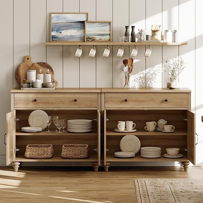 WAMPAT 5 Tier Bookshelf 72" Tall Bookcase with Barn Doors, Large Farmhouse Display Book Shelf with 2 Drawers and Storage Cabinet, Library Wood Bookshelves for Living Room,Kitchen, Oak(2PCS)