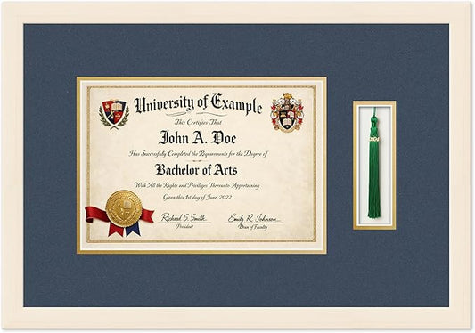 CountryArtHouse Diploma and Tassel Frame Fits 11.69 x 8.27 A4 Certificate with TASS Coastal Whitewash Genuine Hardwood Shadowbox with Navy Blue Over Metallic Gold Double mat