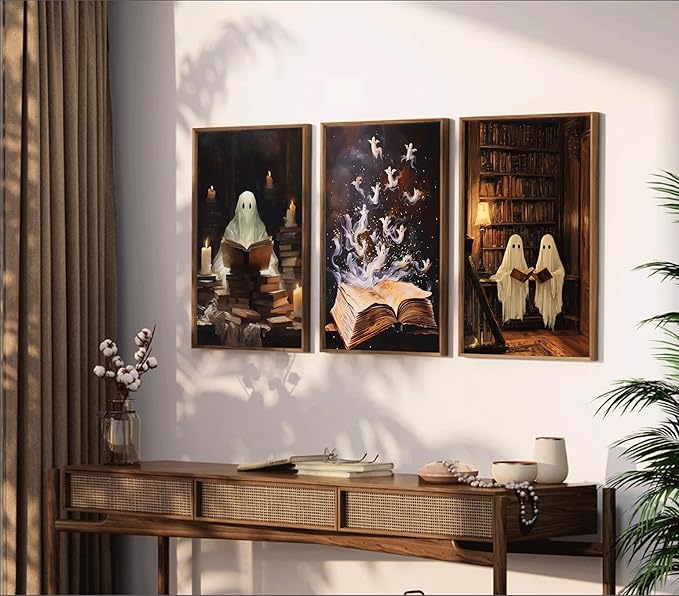 3Pcs Halloween Cute Vintage Ghost Wall Art Library Ghost Reading Books Painting Picturts Wall Decor Gothic Dark Academia Posters Print Artwork for Bedroom Living Room Home Decoration Unframed