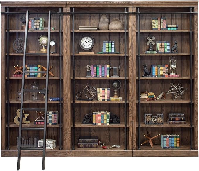 Martin Furniture Avondale 120" W Contemporary Wood Bookcase Wall with Ladder Storage Organizer Display, 5 Adjustable Shelves, Ringed Steel Frame, Fully Assembled, in Brown Finish