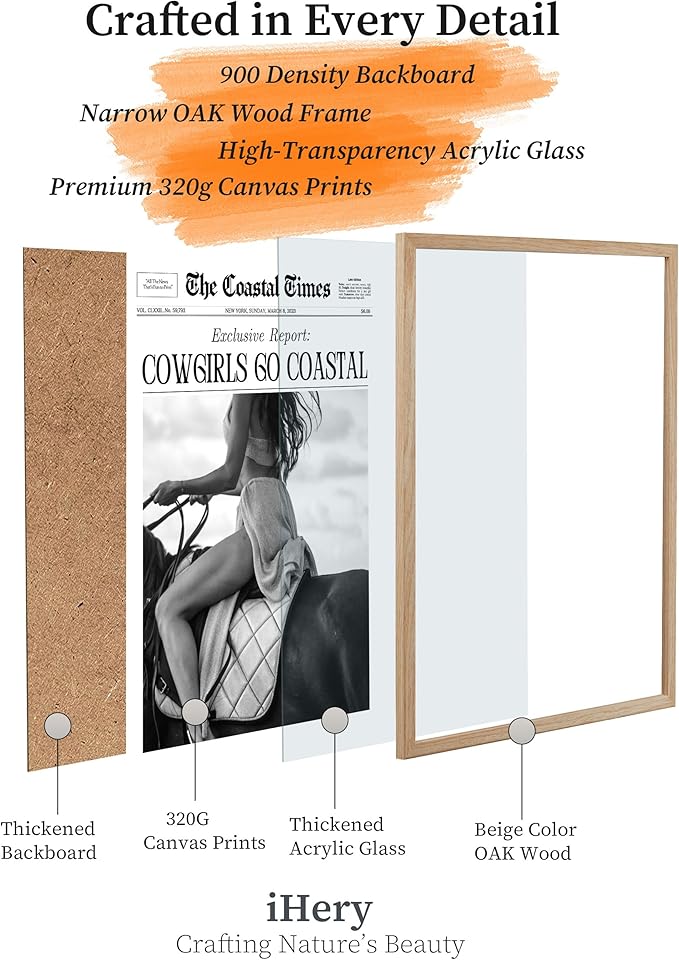 iHery Cowgirls Go Coastal Framed NewsPaper Canvas Wall Art,Natural OAK Wood Large 16x20in Wall Decor For Bedroom, Trendy Western Horseback Riding Times for Dorm Living Room, Home Décor 1Pack