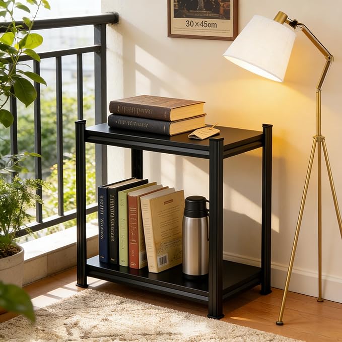 2 Tier Book Shelf, Metal Bookshelves, Heavy Duty Steel Bookcases, Large Storage Capacity Adjustable Tall Industrial Bookshelf for Living Room, Bedroom and Study Room, Black (2-Tier 22''Hx16''Wx12''D)