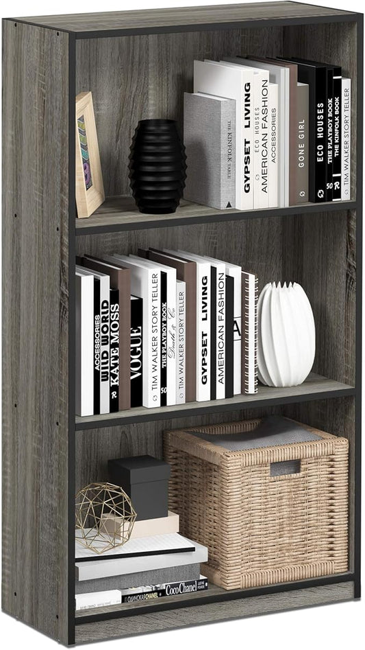 Furinno BASIC Book Shelf, 3-Tier Modern Bookshelf, Bookcase with Open Shelves, 9.3 x 21.8 x 39.5, for Living Room, Bedroom, Home Office, French Oak/Black