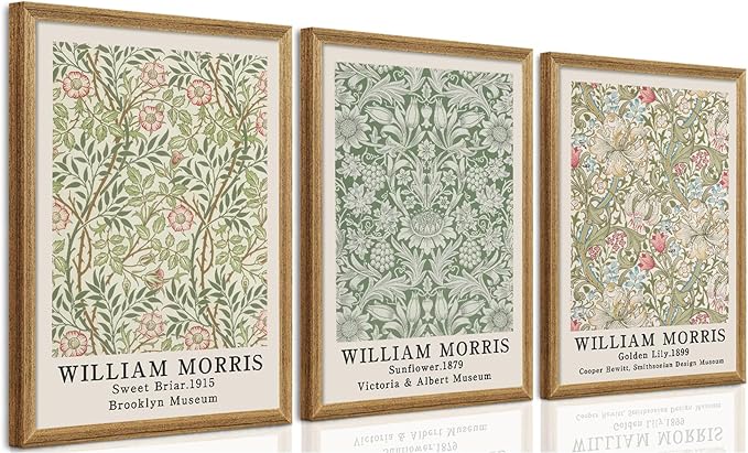 SYWENNOI 3 Pieces William Morris Textured Canvas Wall Art, Pink Beige and Sage Green Neutral Botanical Designs Wall Decor, Vintage Floral Art Prints for Living Room Bedroom Offices 12x16 Wood Frames