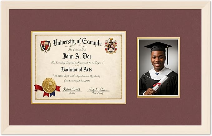 CountryArtHouse Fits 11 x 8.5 US Letter Certificate and 5 x 7 Photo Diploma and Photo Frame Coastal Whitewash Genuine Hardwood with Dark Red Over Metallic Gold Double mat
