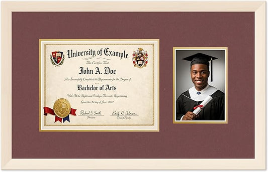 CountryArtHouse Fits 11 x 8.5 US Letter Certificate and 5 x 7 Photo Diploma and Photo Frame Coastal Whitewash Genuine Hardwood with Dark Red Over Metallic Gold Double mat