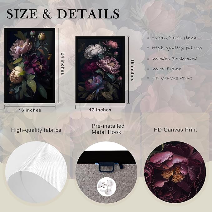 Krtoni 3PCS Framed Dark Flower Wall Art, Neutral Black Peony Floral Canvas Artwork Prints, Rustic Boho Farmhouse Flower Botanical Picture Paintings for Living Room Bedroom Office 12W x 16H