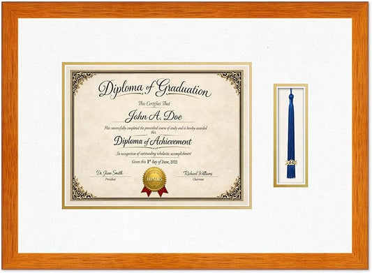 Diploma Frame with Tassel Holder Honey Oak Shadowbox Oyster Shell Over Gold Mat - Fits 11 x 8.5 Degree Made in the USA