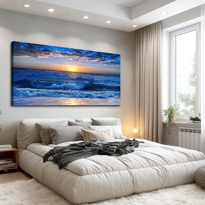 Canvas wall art for living room Blue Ocean Sea sun landscape painting bathroom Wall Decor Ready to Hang for Home Decorations office family bedroom kitchen Works canvas Prints pictures 30" x 60"inch