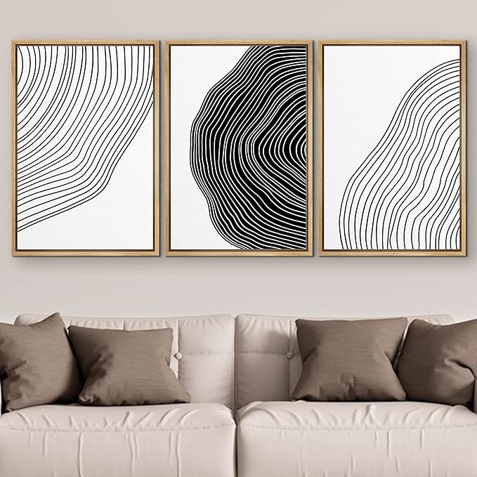 SIGNFORD Framed Canvas Print Wall Art Set Black White Spiral Ring Polygons Abstract Shapes Illustrations Modern Art Bohemian Nordic Relax/Calm for Living Room, Bedroom, Office - 24"x36"x3 Natural