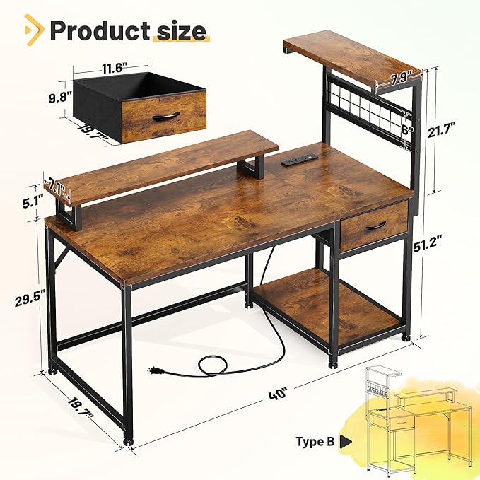 EnHomee 40" Computer Desk with Power Outlets & LED Lights, Gaming Desk with Drawer & Storage Shelves, Reversible Home Office Desk with Monitor Stand, for Living, Study Room, Gaming Room, Rustic Brown