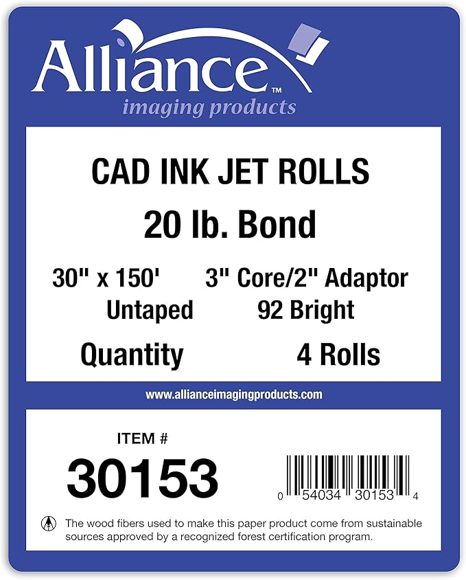Alliance Wide Format Paper Rolls CAD Bond 30" Widths (4 Rolls, 30 In x 150 Ft | 3" Core)