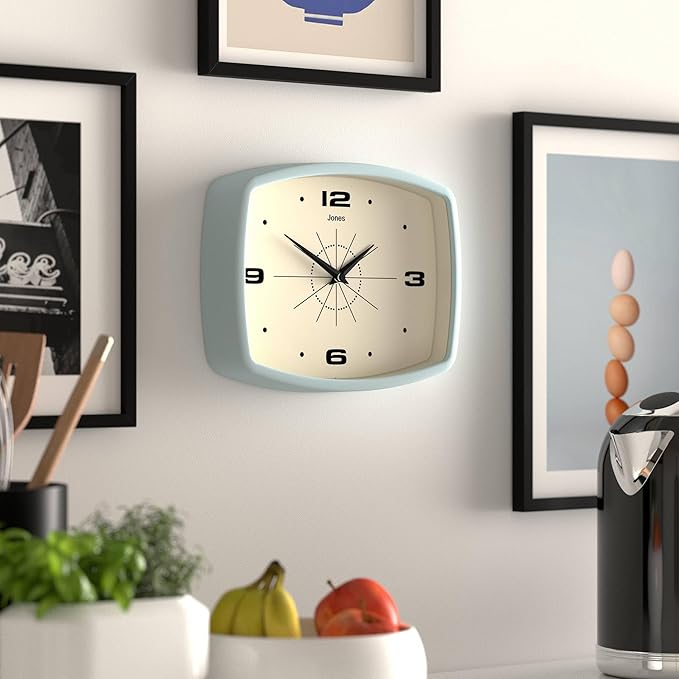 JONES CLOCKS® Movie wall Clock | Retro Rectangular Clock | 10 inch | Pale Blue | Cool mid-Century Designer Look for Kitchen, Living Room or Office