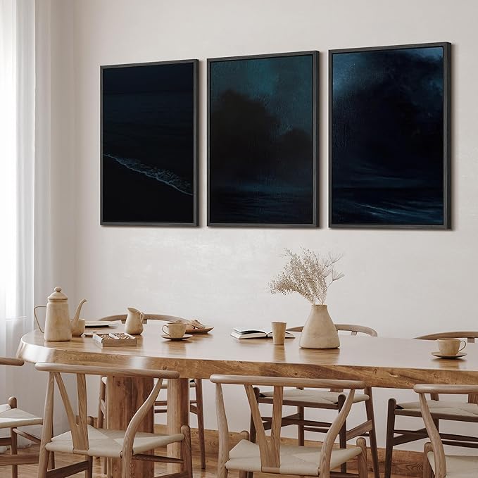 SIGNFORD Framed Wall Art Print Set Midnight Ocean Waves Dramatic Dark Seascape Digital Art Modern Art Contemporary for Living Room, Bedroom, Office - 24"x36"x3 Black