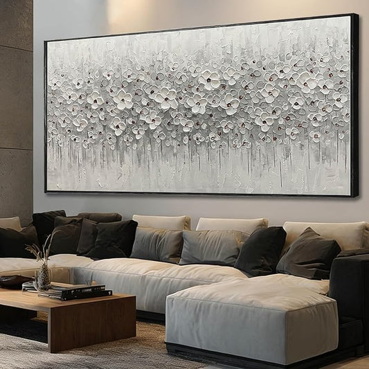 SDYA Oversized White Flower Wall Art, Hand Painted Floral Canvas Paintings With Frame, Extra Large Modern Wall Decor for Living Room Bedroom Office 40"x86"