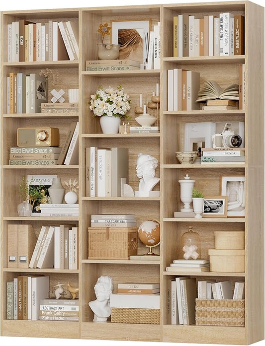 FACBOTALL Triple Wide Bookshelf, 6 Tier Large Bookshelf, Bookcase with 17 Open Display Shelves, 74'' Tall Bookcases and Bookshelves for Living Room, Home Office, Library, Light Oak