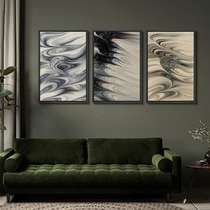 SIGNFORD Framed Wall Art Print Set Neutral Marble Swirl Abstract Elegant Fluid Pattern Digital Art Modern Art Contemporary for Living Room, Bedroom, Office - 16"x24"x3 BLACK