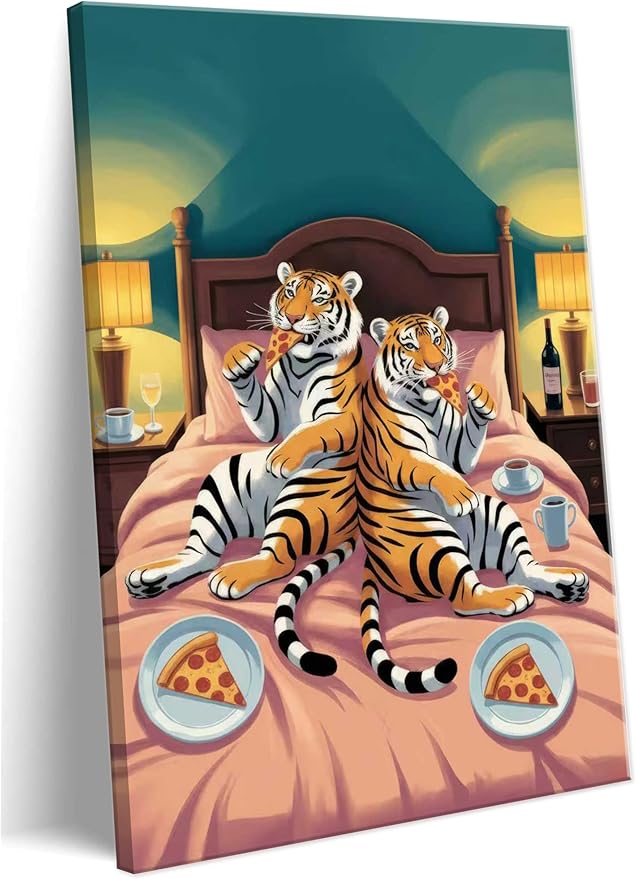 Funny Tiger Canvas Wall Art Fun Tiger Couple Enjoying Pizza In Bed Wall Decor Whimsical Animal Pictures Painting Humorous Decoration Poster Print for Quirky Bedroom Living Room Dining Hall Framed