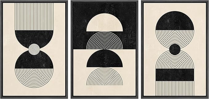 IDEA4WALL Framed Canvas Print Wall Art Set Geometric Black Tan Striped Circle Polygon Collage Abstract Shapes Illustrations Modern Art Nordic for Living Room, Bedroom, Office - 16"x24"x3 Black