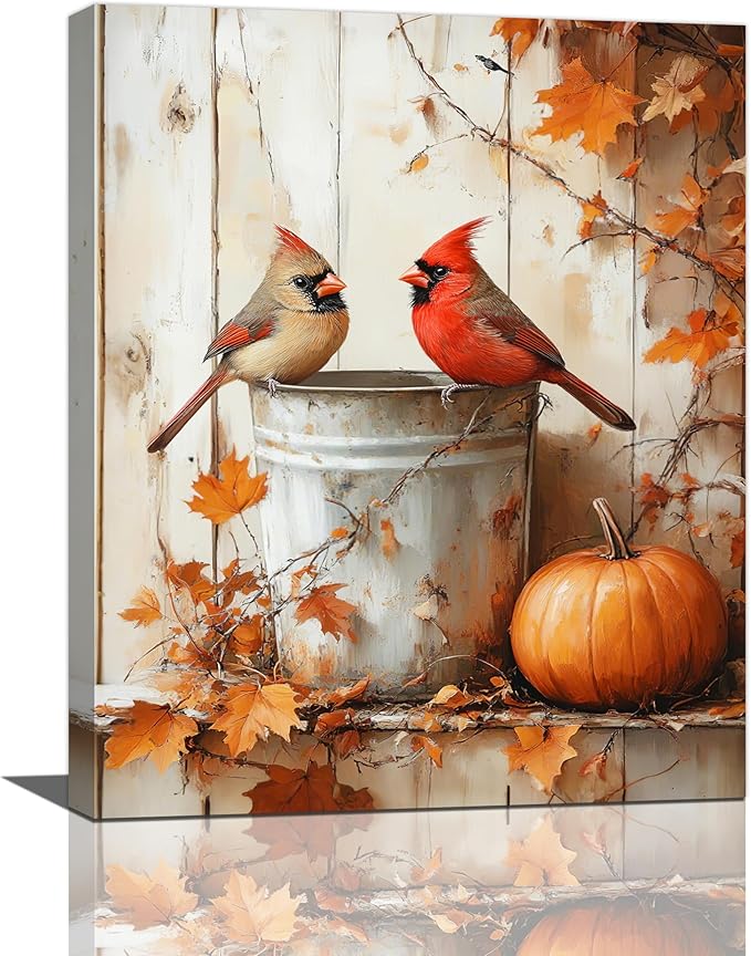 Fall Cardinal Wall Art Autumn Pumpkin Leaf Pictures Wall Decor Cardinals Canvas Painting Modern Artwork Home Decoration for Living Room Bathroom Bedroom Office Framed 16"x20"