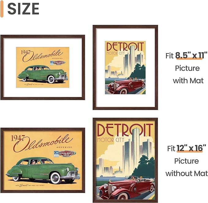 upsimples 12x16 Picture Frame Set of 5, Display Pictures 8.5x11 with Mat or 12 x 16 Without, Wall Gallery Poster Frames, Brown
