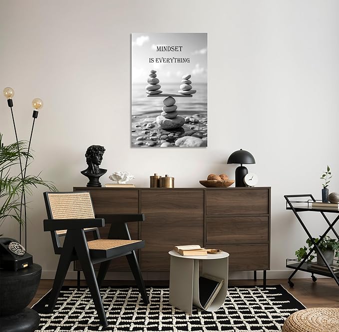 YIOZHAOFH Mindset Wall Art for Zen Office Inspirational Pictures Wall Decor Motivational Quotes Canvas Art Black and White Landscape Nature Print Poster Painting Framed for Meditation Spa Room Bedroom (20L x 30W)