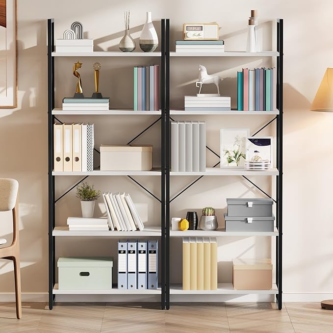 DWVO 5 Tier Bookshelf 2 Pack, White Bookase Storage Organizer, Modern Book Shelf Storage Rack Shelves for Bedroom, Living Room, Home Office, White