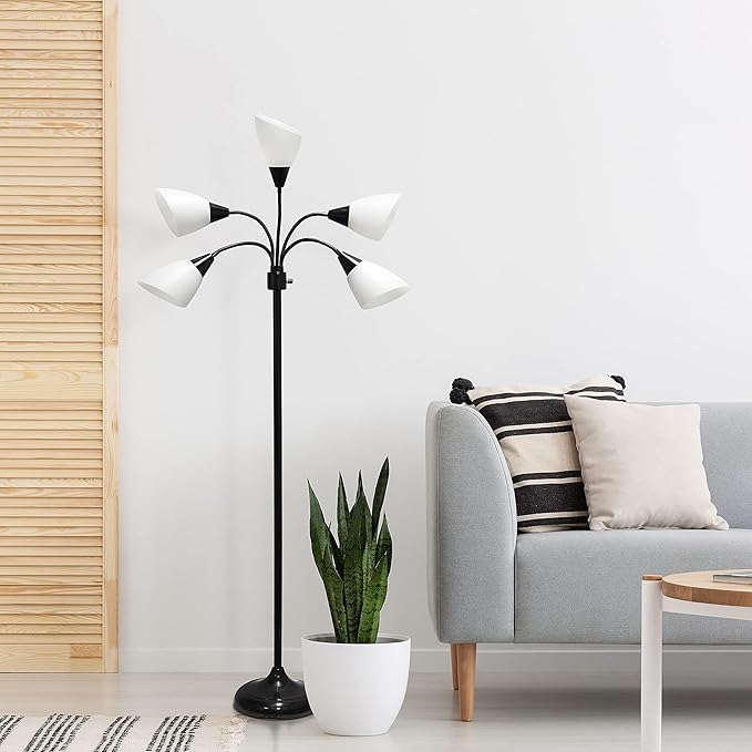 Simple Designs LF2006-BAW 67" Contemporary Multi Head Medusa 5 Light Adjustable Gooseneck Black Floor Lamp with White Shades for Kids Bedroom Playroom Living Room Office (Pack of 2)