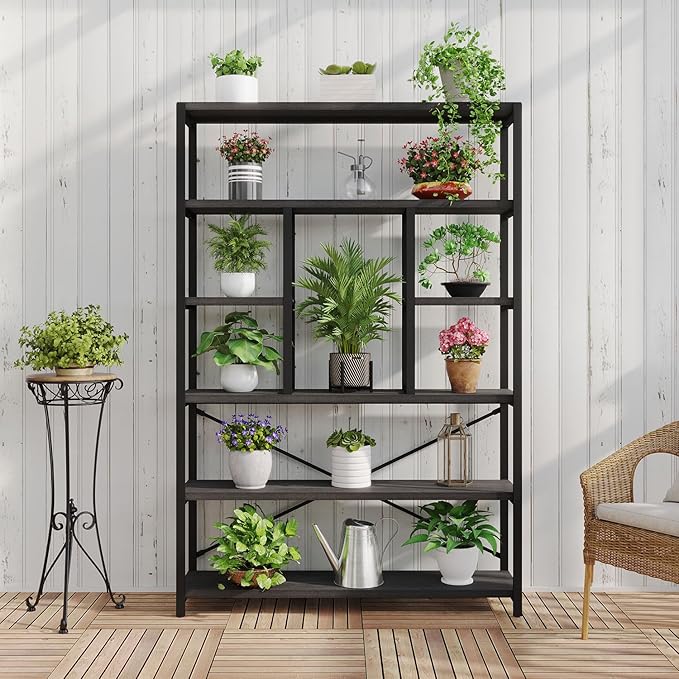 LVB Industrial Tall Bookshelf, Modern Wood Metal 6 Tier Book Shelf, Farmhouse Large 6 Shelf Etagere Bookcase, Open Wide Storage Bookshelves and Bookcases for Bedroom Living Room Office, Dark Gray Oak