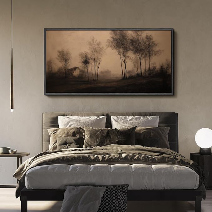 SIGNFORD Extra Large Framed Canvas Print Wall Art Vintage Sepia Countryside Trees and Cottage Illustrations Modern Art Calm Warm for Living Room, Bedroom, Office - 60"x30"
