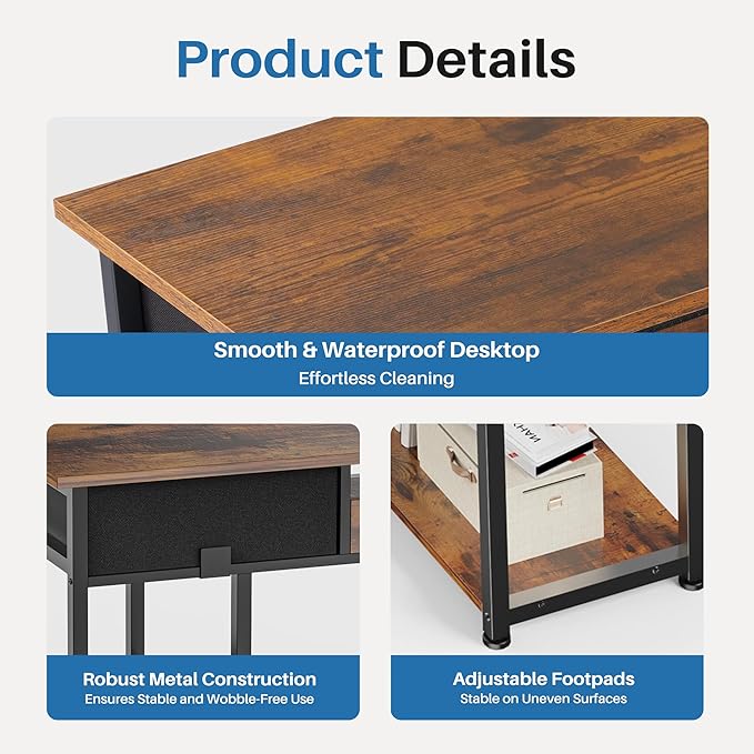 OLIXIS Desk with Storage Fabric Drawers 48 Inch, Home Office Computer Desk for Small Space Bedroom,Modern Study Work Gaming Writing Table PC Desks,Chic Brown