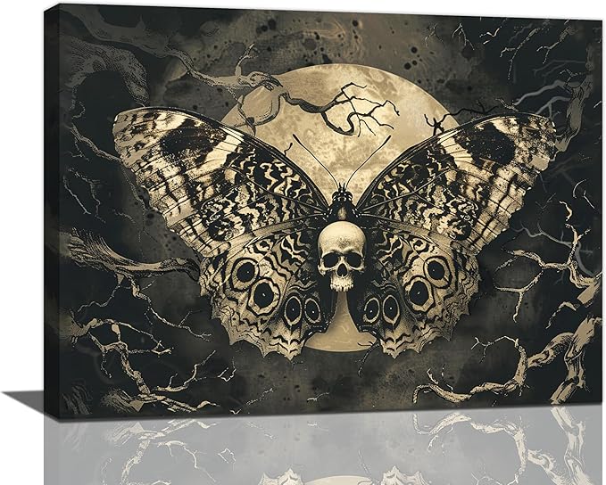 Skull Gothic Wall Art Skeleton Butterfly Dark Spooky Pictures Wall Decor Goth Horror Canvas Painting Home Modern Artwork Decorations Framed for Bathroom Living Room Bedroom Office 16x12 inch