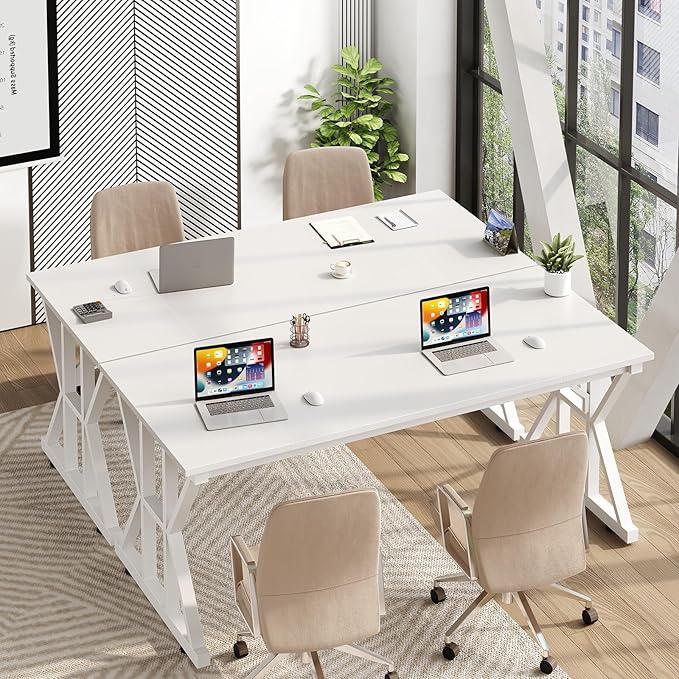 TVU Computer Desk, 55 inch Large Office Desk, Study Writing Table with Thicken Frame, Gaming Desk, Modern Simple Desk for Home Office, White