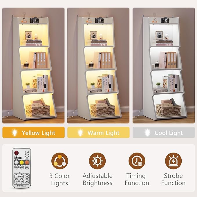 Hoctieon 5-Tier Open Bookcase and Bookshelf with LED Light, Floor Standing Display Storage Shelves, Wood Modern Display Organizer for Home Office, Living Room, Bedroom, Study, White
